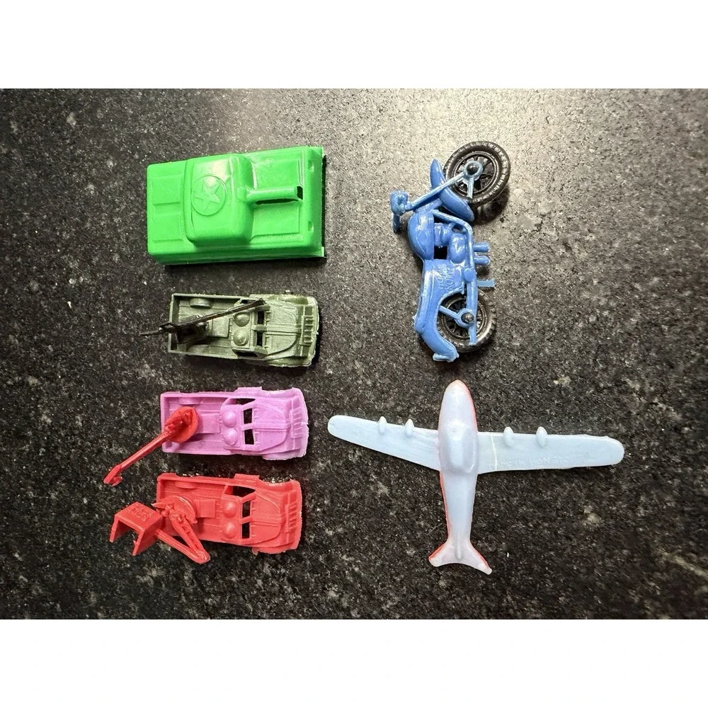 Hong Kong Plastic Toy Vehicle Lot Motorcycle Airplane Tow Truck Tank 1960s 1970s